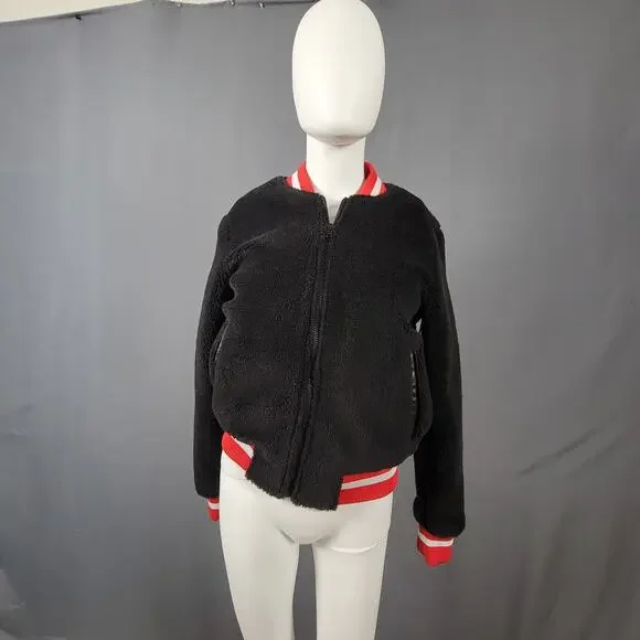 American Stitch Black Sherpa Bomber Jacket with Red Trim and Quilted Lining - Picture 1 of 7